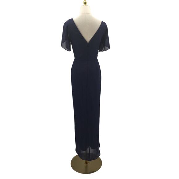 AW BRIDAL SZ 10 L dark navy blue chiffon Osage faux wrap midi dress NEW B78 - Picture 4 of 10